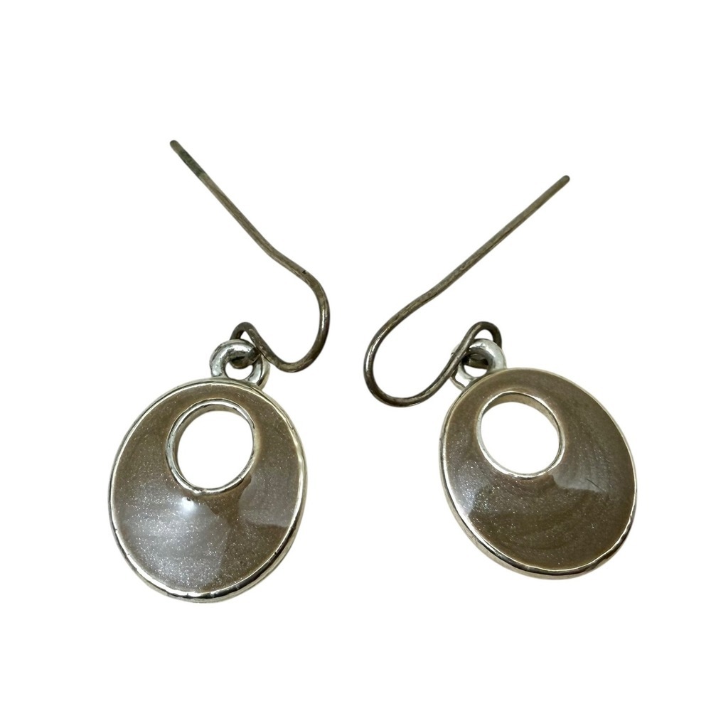 Silver Tone Enamel Oval Dangle Drop Earrings Open Circle Fashion Jewelry